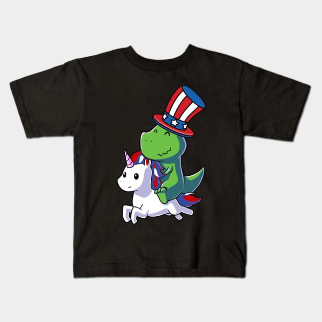 Dinosaur T-Rex Dinosaur Unicorn 4th of July American Flag Kids T-Shirt by Studio Hues